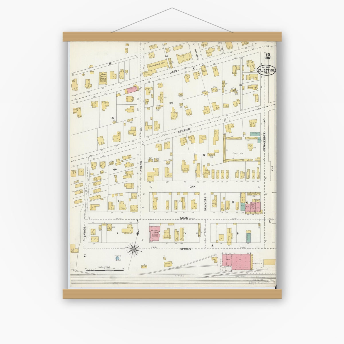Old map wall art mockup — magnetic wood frame on white wall — Sanborn Fire Insurance Map from Palestine, Anderson County, Texas (1905), Sheet #0002