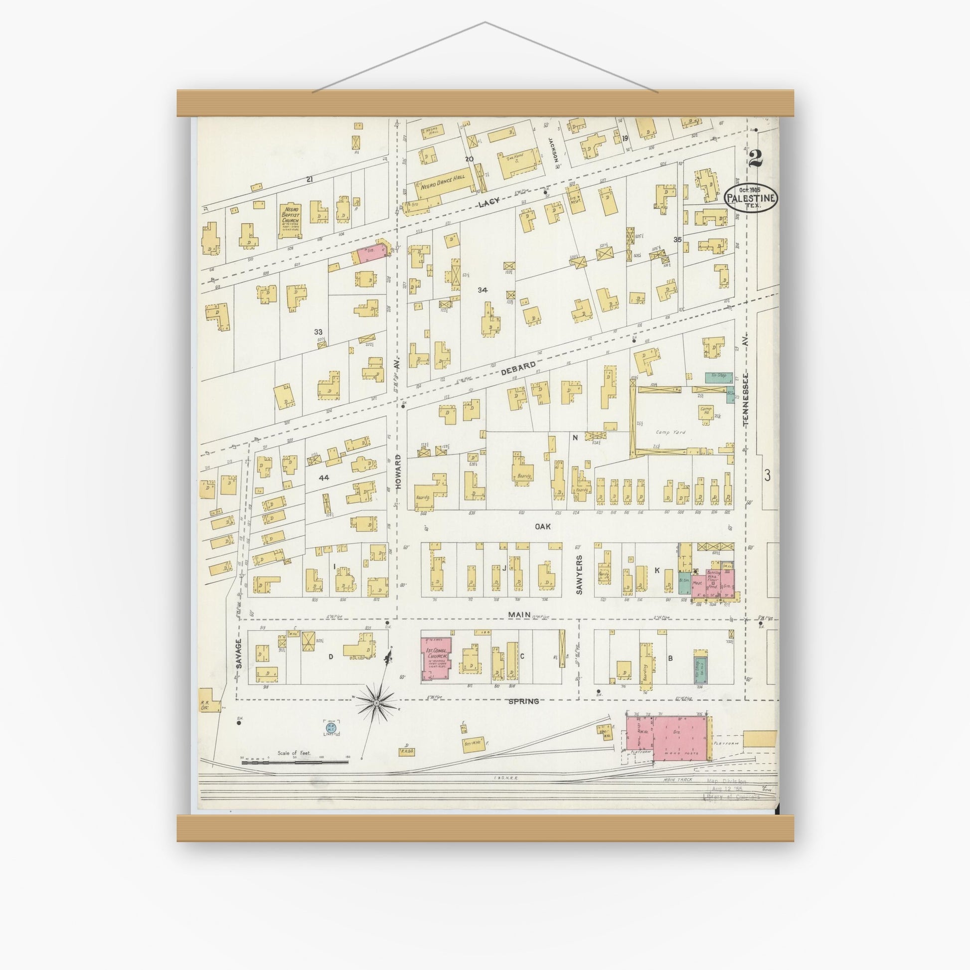 Old map wall art mockup — magnetic wood frame on white wall — Sanborn Fire Insurance Map from Palestine, Anderson County, Texas (1905), Sheet #0002