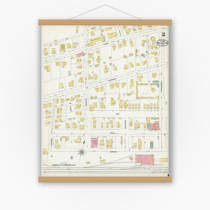 Old map wall art mockup — magnetic wood frame on white wall — Sanborn Fire Insurance Map from Palestine, Anderson County, Texas (1905), Sheet #0002