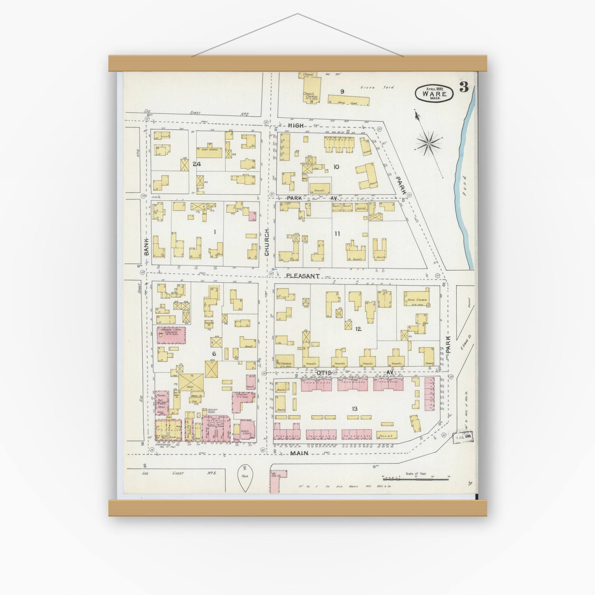 Old map wall art mockup — magnetic wood frame on white wall — Sanborn Fire Insurance Map from Ware, Hampshire County, Massachusetts (1892), Sheet #0003