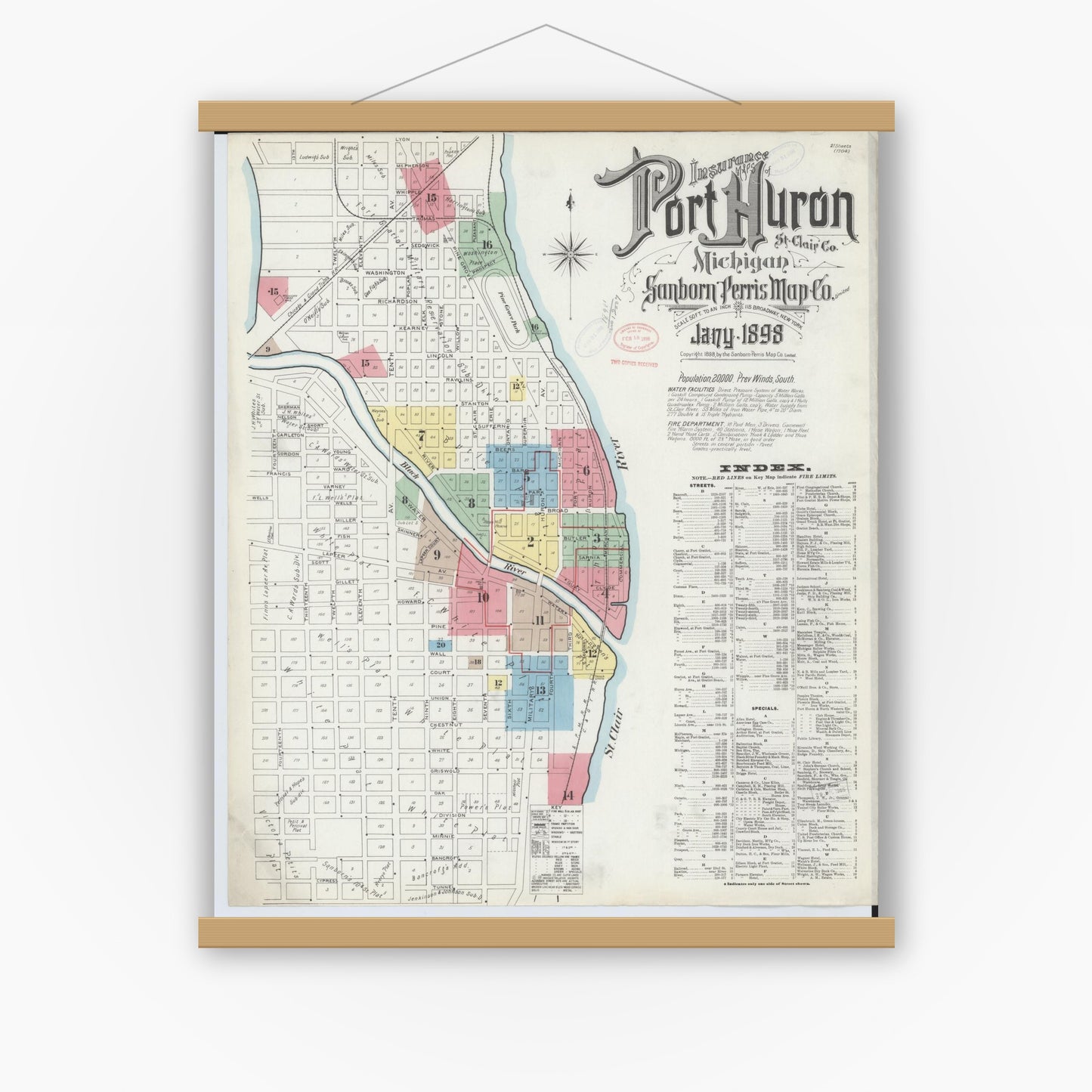 Old map wall art mockup — magnetic wood frame on white wall — Sanborn Fire Insurance Map from Port Huron, Saint Clair County, Michigan (1898) - Complete Map Set