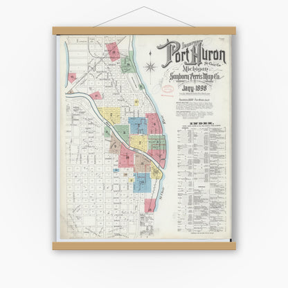 Old map wall art mockup — magnetic wood frame on white wall — Sanborn Fire Insurance Map from Port Huron, Saint Clair County, Michigan (1898) - Complete Map Set