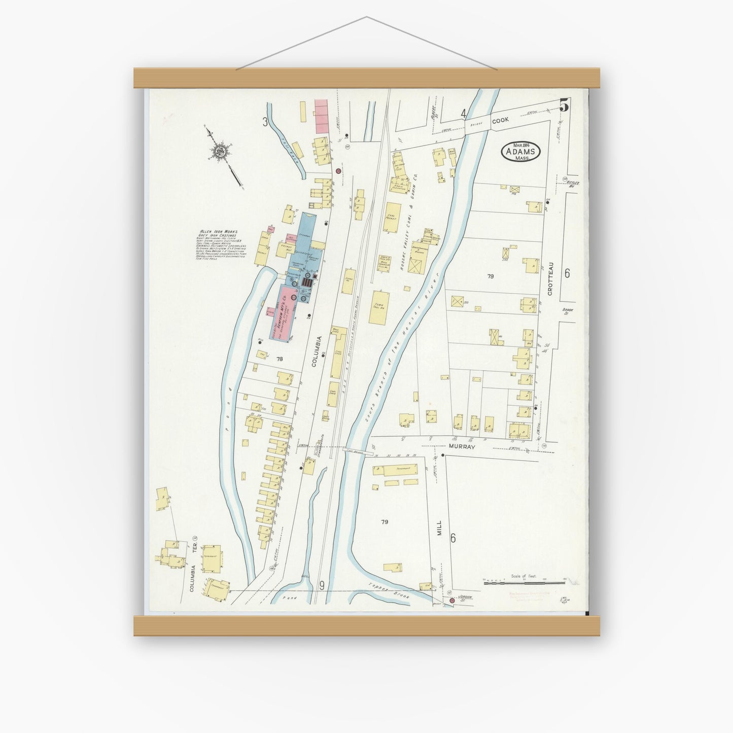 Old map wall art mockup — magnetic wood frame on white wall — Sanborn Fire Insurance Map from Adams, Berkshire County, Massachusetts (1914), Sheet #0005