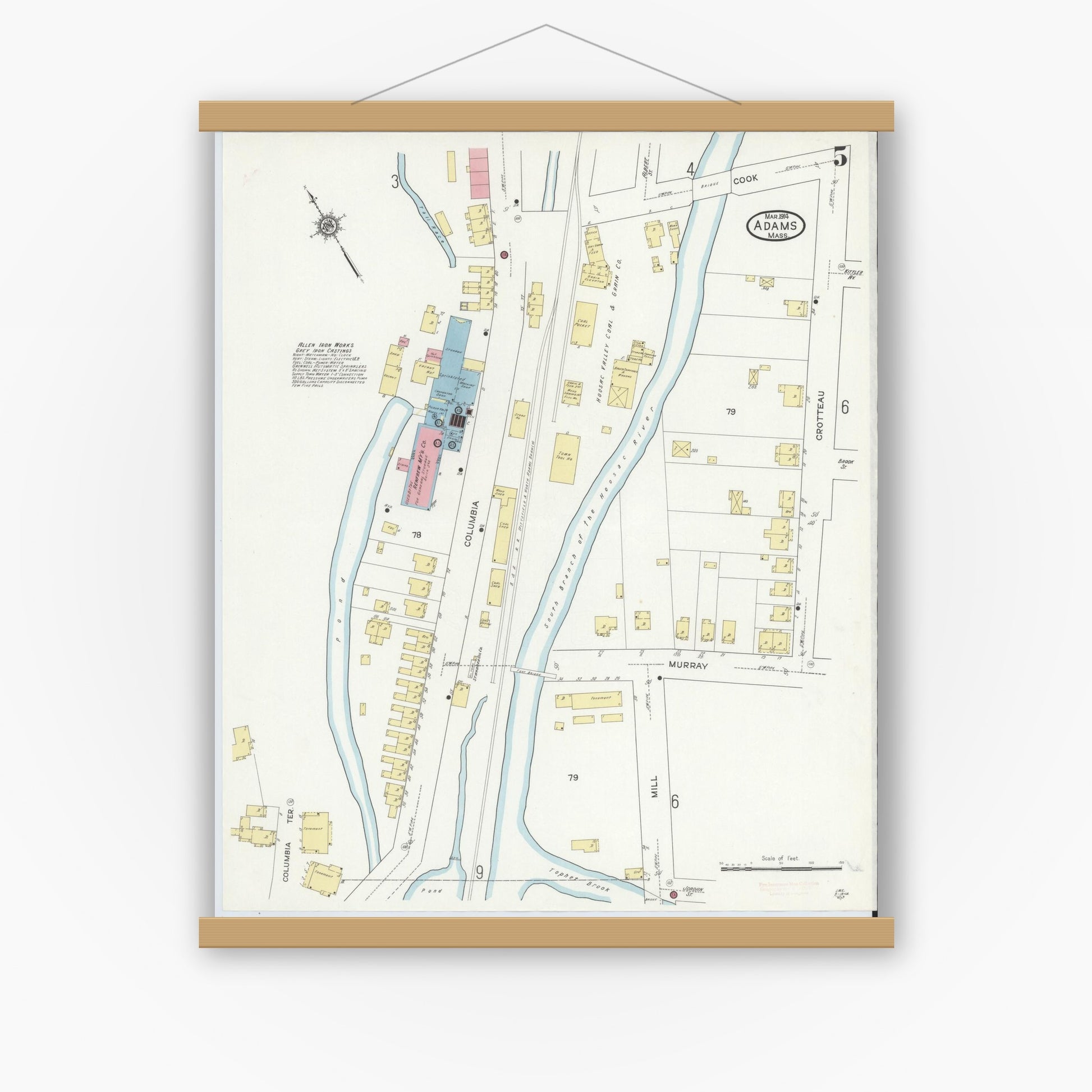 Old map wall art mockup — magnetic wood frame on white wall — Sanborn Fire Insurance Map from Adams, Berkshire County, Massachusetts (1914), Sheet #0005