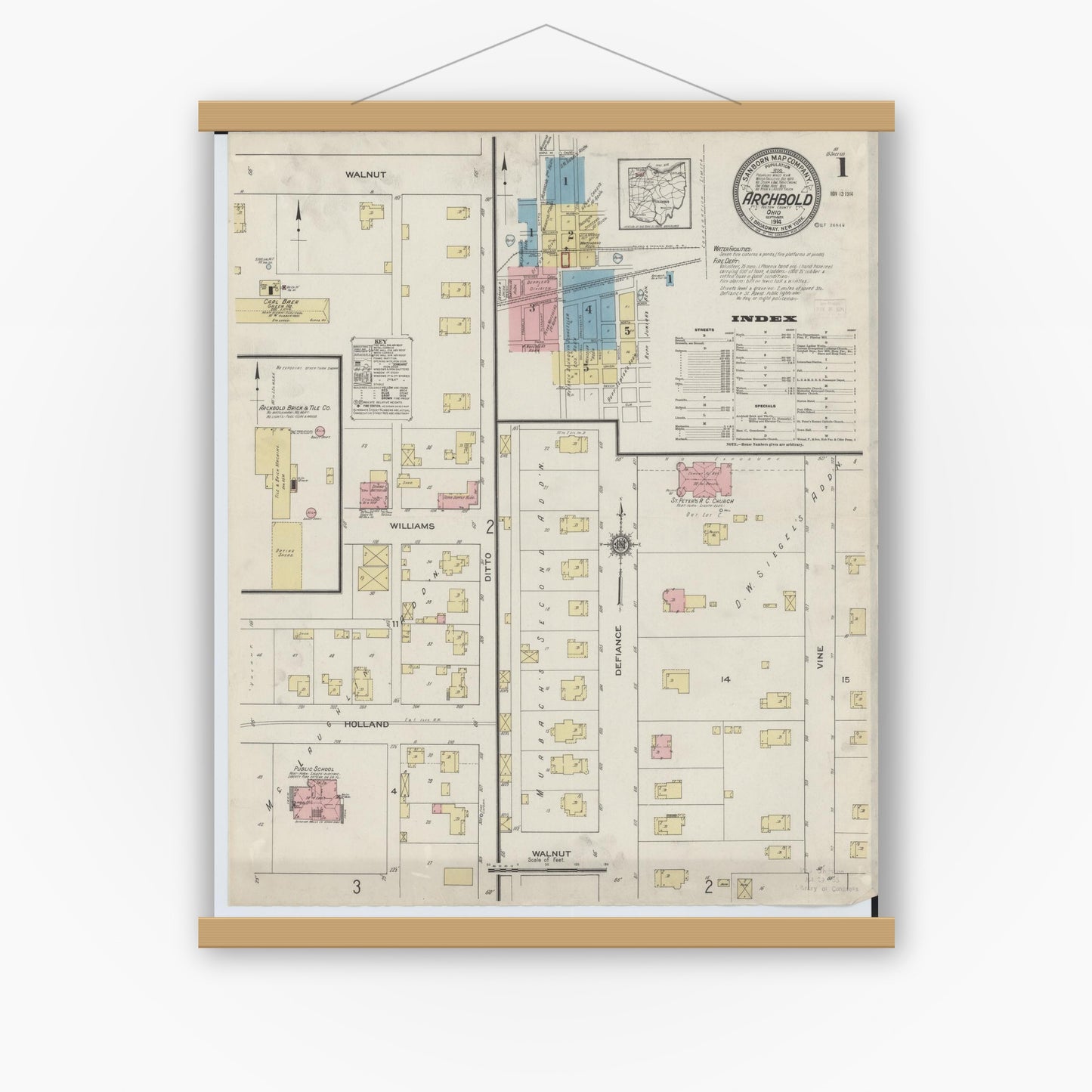 Old map wall art mockup — magnetic wood frame on white wall — Sanborn Fire Insurance Map from Archbold, Fulton County, Ohio (1914) - Complete Map Set