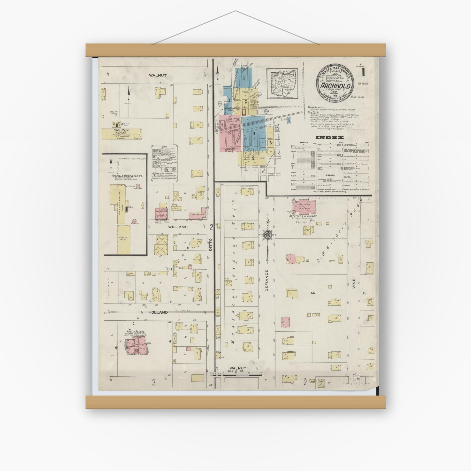 Old map wall art mockup — magnetic wood frame on white wall — Sanborn Fire Insurance Map from Archbold, Fulton County, Ohio (1914) - Complete Map Set