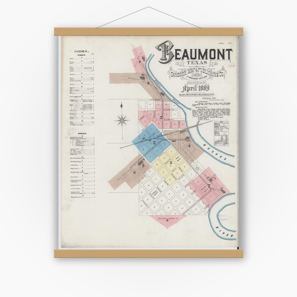 Old map wall art mockup — magnetic wood frame on white wall — Sanborn Fire Insurance Map from Beaumont, Jefferson County, Texas (1889), Sheet #0001