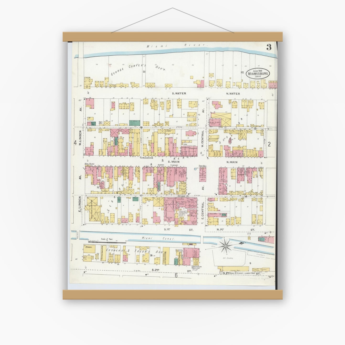 Old map wall art mockup — magnetic wood frame on white wall — Sanborn Fire Insurance Map from Miamisburg, Montgomery County, Ohio (1905), Sheet #0003