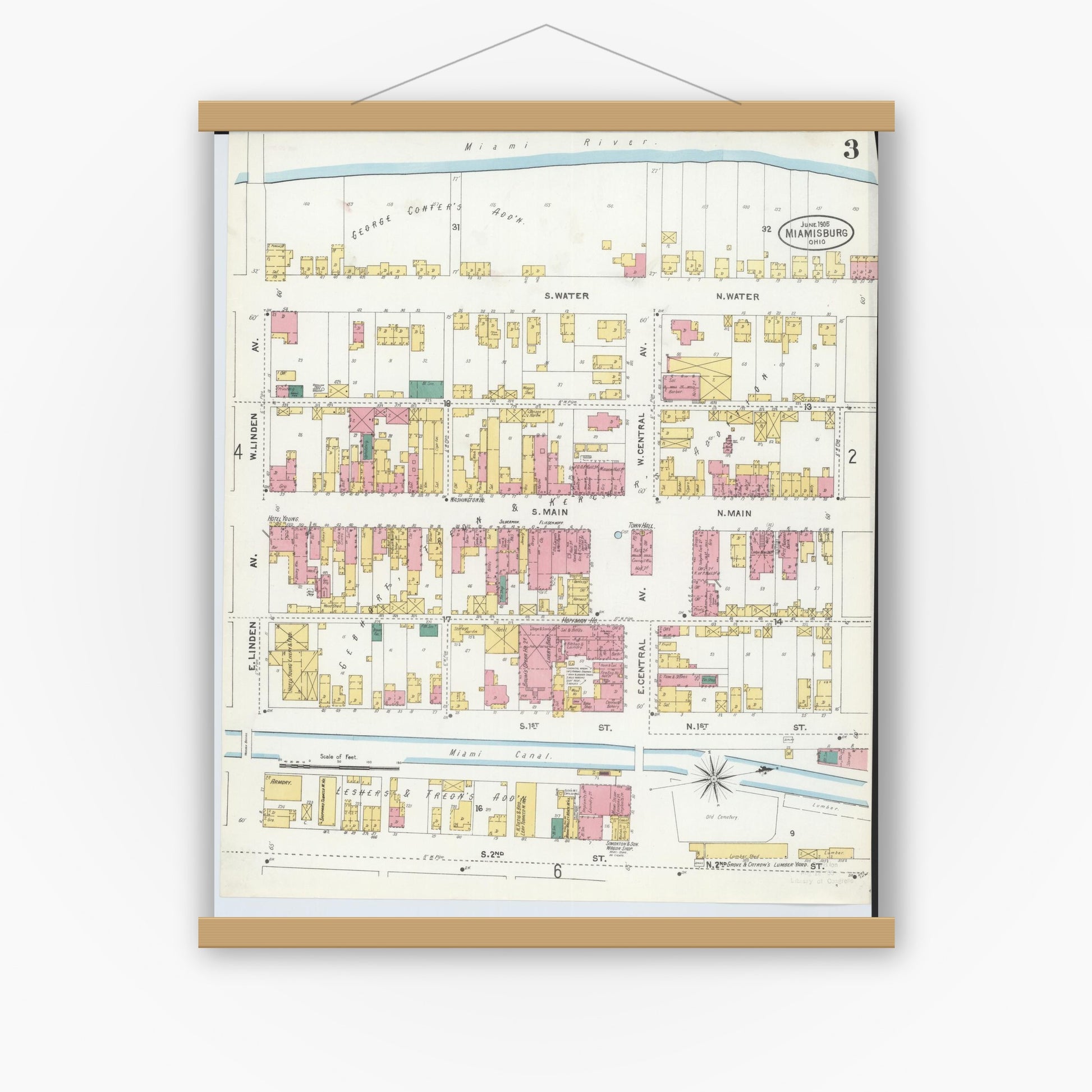 Old map wall art mockup — magnetic wood frame on white wall — Sanborn Fire Insurance Map from Miamisburg, Montgomery County, Ohio (1905), Sheet #0003