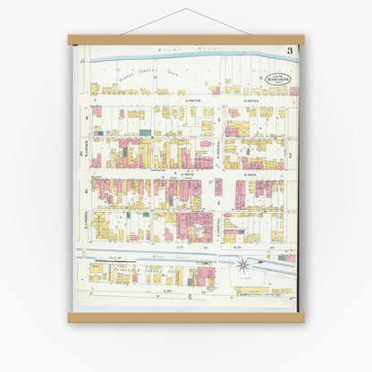 Old map wall art mockup — magnetic wood frame on white wall — Sanborn Fire Insurance Map from Miamisburg, Montgomery County, Ohio (1905), Sheet #0003