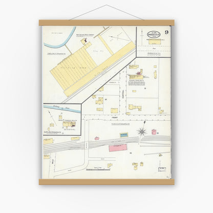 Old map wall art mockup — magnetic wood frame on white wall — Sanborn Fire Insurance Map from Brookfield, Worcester County, Massachusetts (1904), Sheet #0009