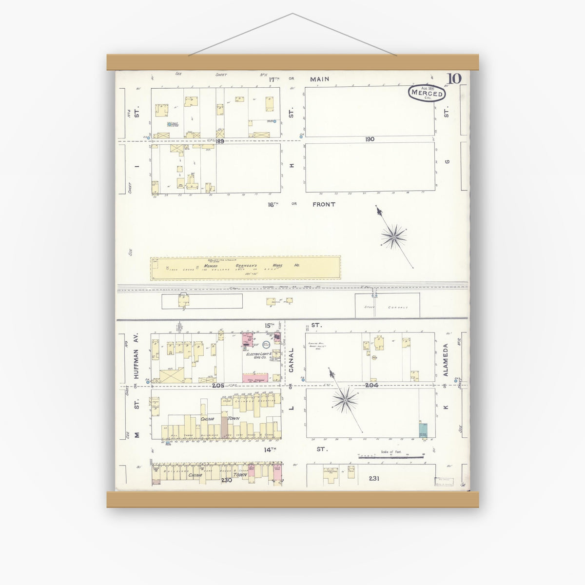 Old map wall art mockup — magnetic wood frame on white wall — Sanborn Fire Insurance Map from Merced, Merced County, California (1891), Sheet #0010