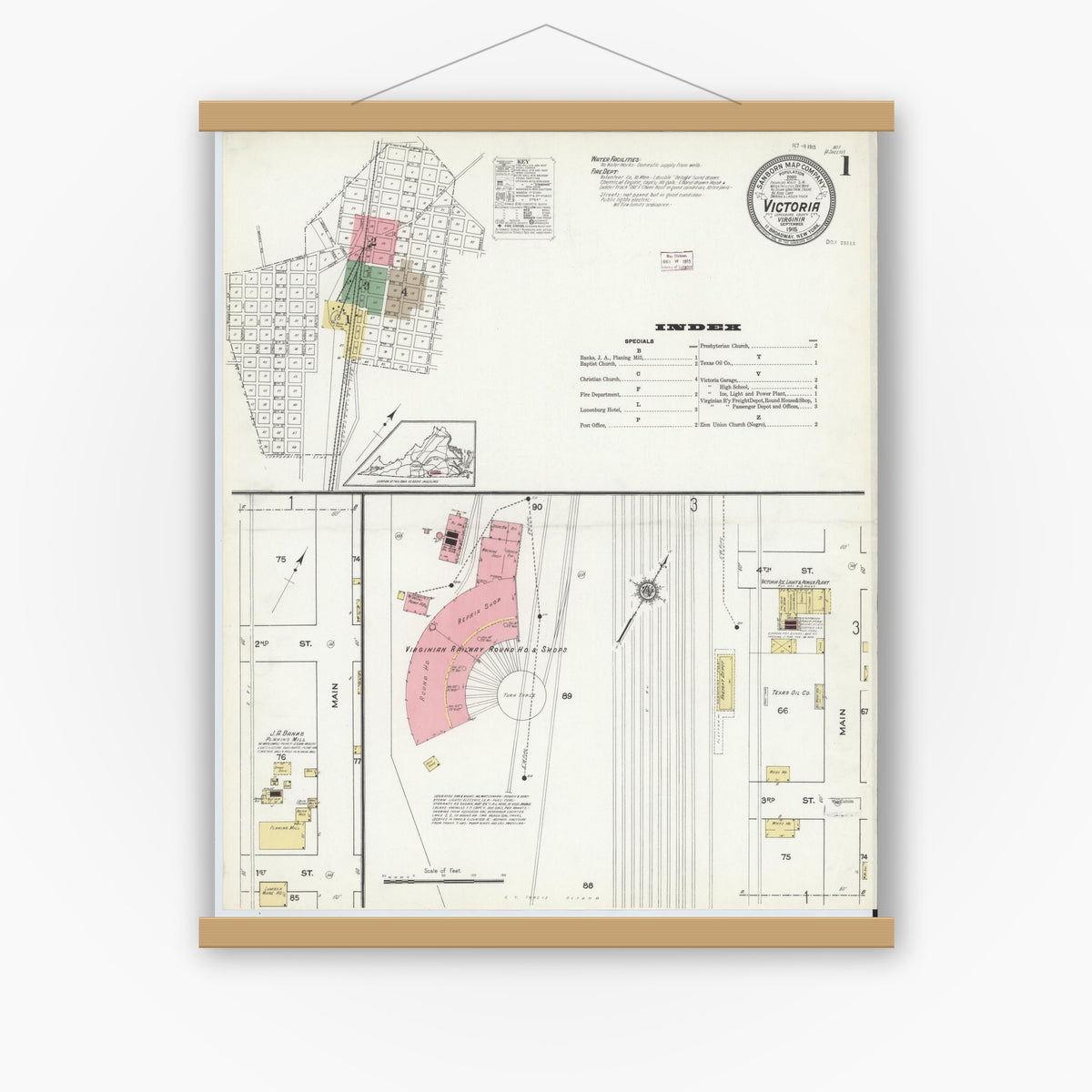 Old map wall art mockup — magnetic wood frame on white wall — Sanborn Fire Insurance Map from Victoria, Lunenburg County, Virginia (1915) - Complete Map Set