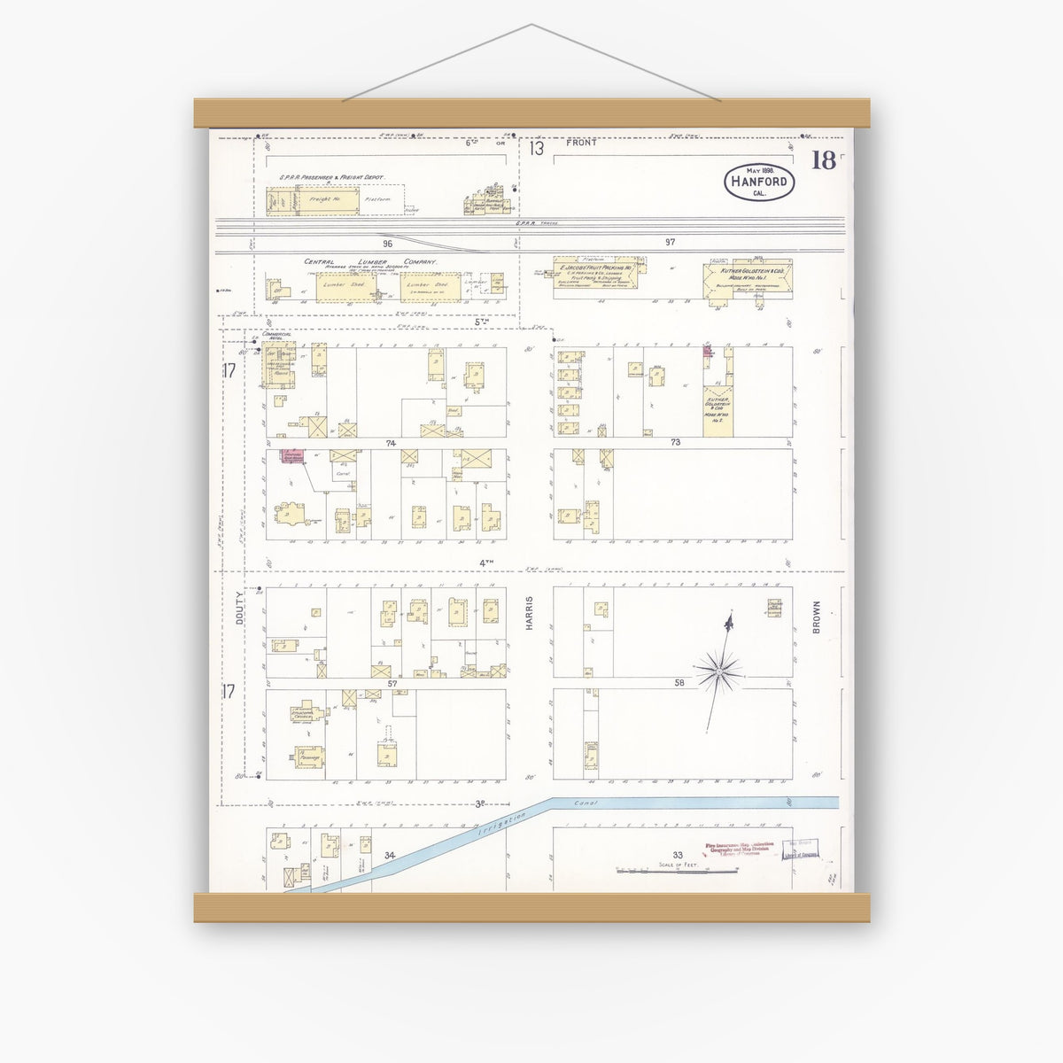 Old map wall art mockup — magnetic wood frame on white wall — Sanborn Fire Insurance Map from Hanford, Kings County, California (1898), Sheet #0018