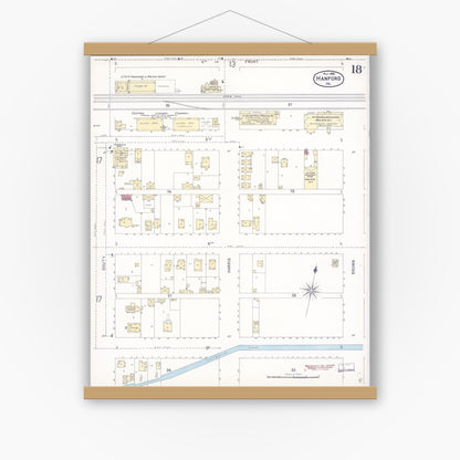 Old map wall art mockup — magnetic wood frame on white wall — Sanborn Fire Insurance Map from Hanford, Kings County, California (1898), Sheet #0018