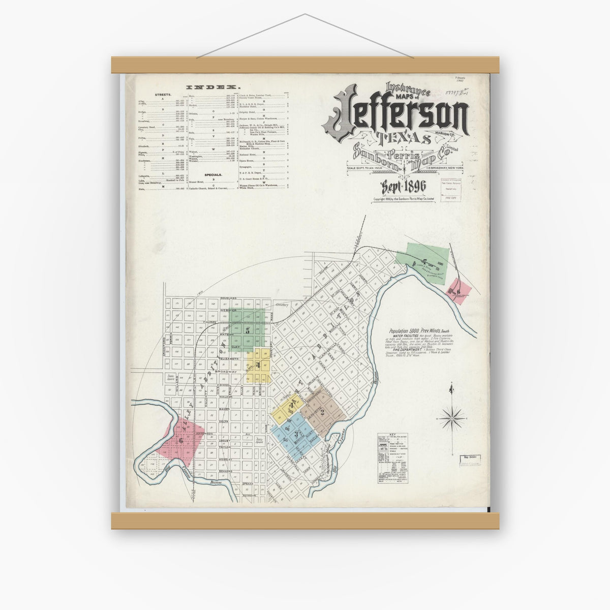 Old map wall art mockup — magnetic wood frame on white wall — Sanborn Fire Insurance Map from Jefferson, Marion County, Texas (1896) - Complete Map Set