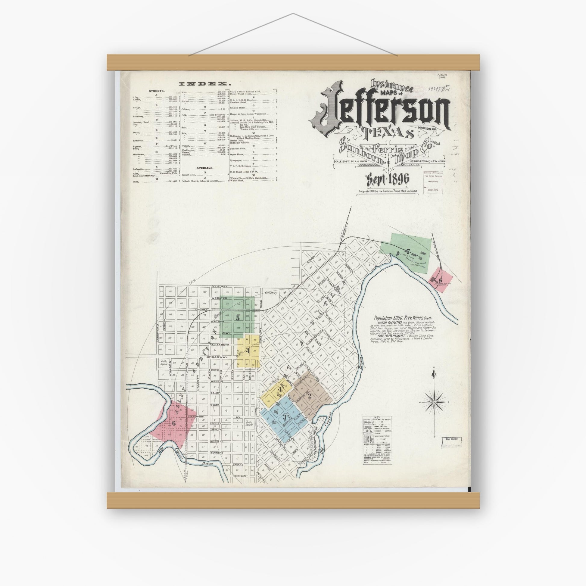 Old map wall art mockup — magnetic wood frame on white wall — Sanborn Fire Insurance Map from Jefferson, Marion County, Texas (1896) - Complete Map Set