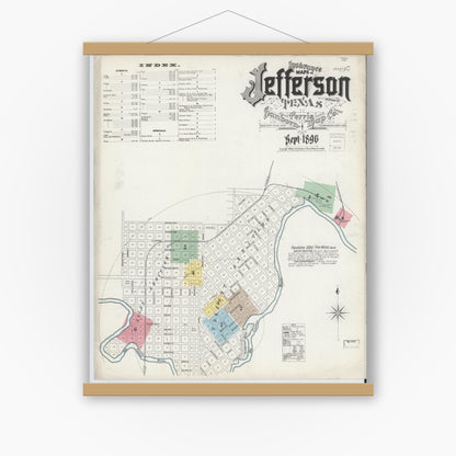Old map wall art mockup — magnetic wood frame on white wall — Sanborn Fire Insurance Map from Jefferson, Marion County, Texas (1896) - Complete Map Set