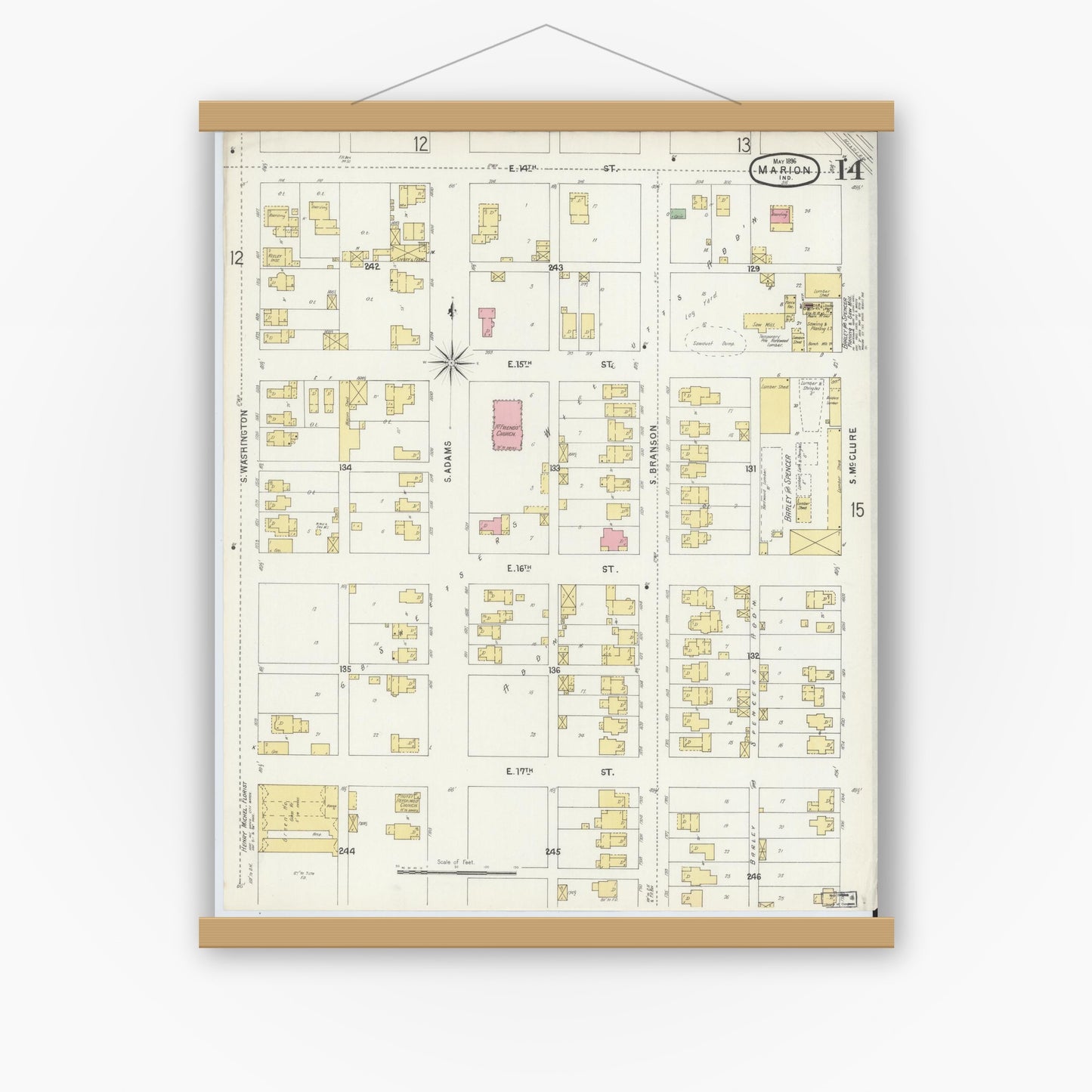 Old map wall art mockup — magnetic wood frame on white wall — Sanborn Fire Insurance Map from Marion, Grant County, Indiana (1896), Sheet #0014