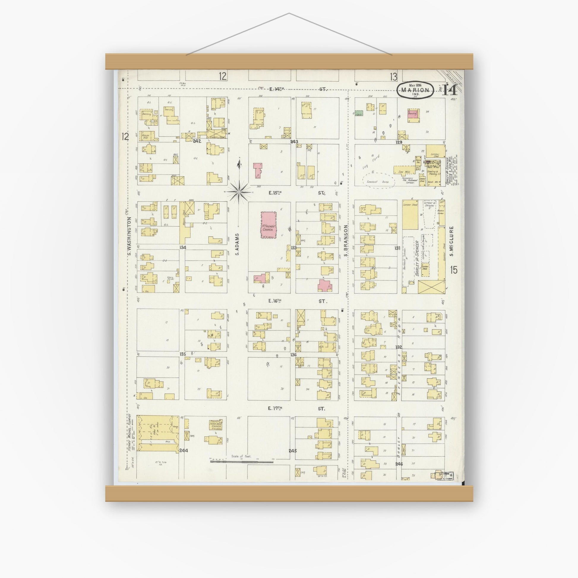 Old map wall art mockup — magnetic wood frame on white wall — Sanborn Fire Insurance Map from Marion, Grant County, Indiana (1896), Sheet #0014