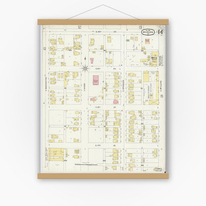 Old map wall art mockup — magnetic wood frame on white wall — Sanborn Fire Insurance Map from Marion, Grant County, Indiana (1896), Sheet #0014