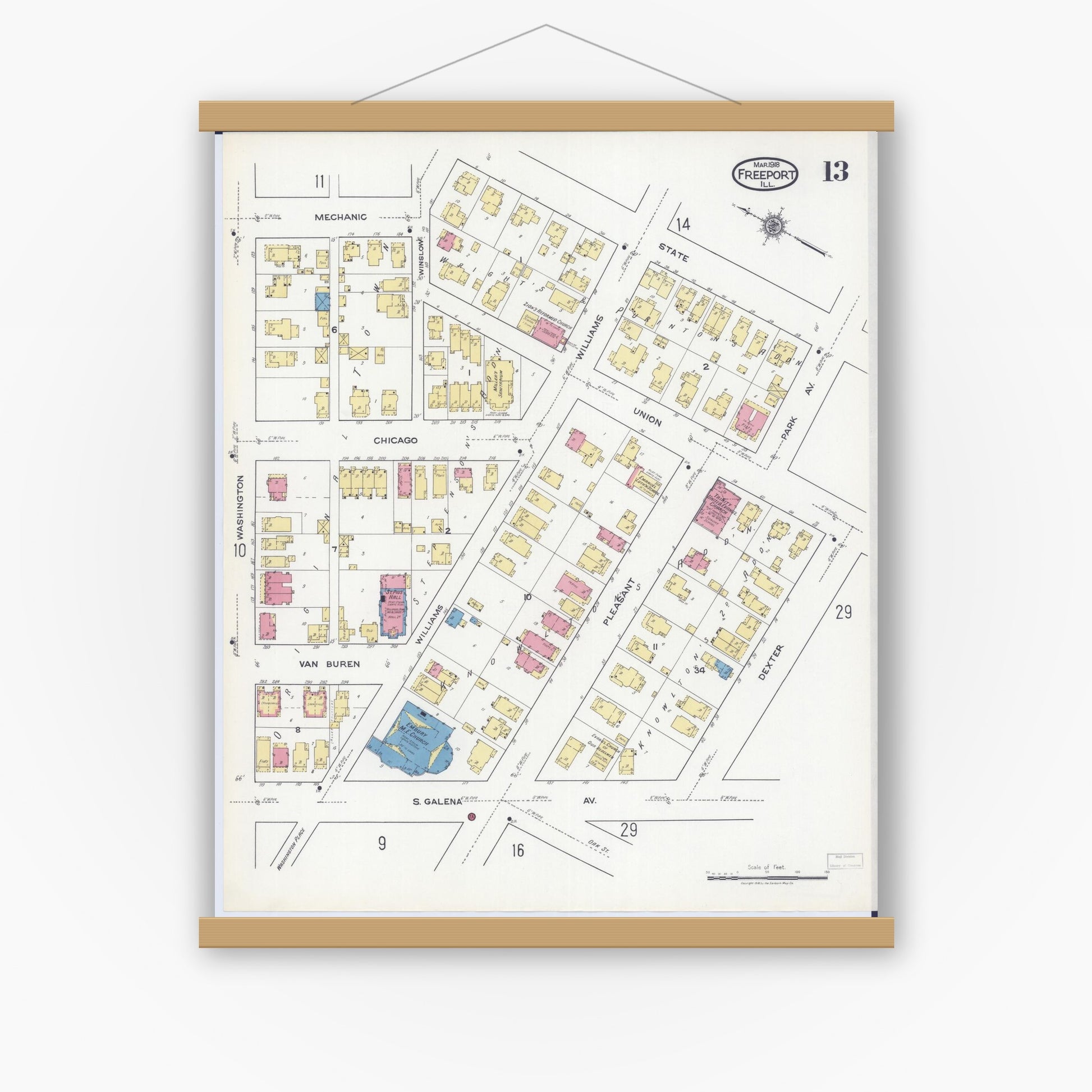 Old map wall art mockup — magnetic wood frame on white wall — Sanborn Fire Insurance Map from Freeport, Stephenson County, Illinois (1918), Sheet #0013