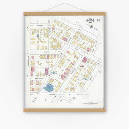 Old map wall art mockup — magnetic wood frame on white wall — Sanborn Fire Insurance Map from Freeport, Stephenson County, Illinois (1918), Sheet #0013