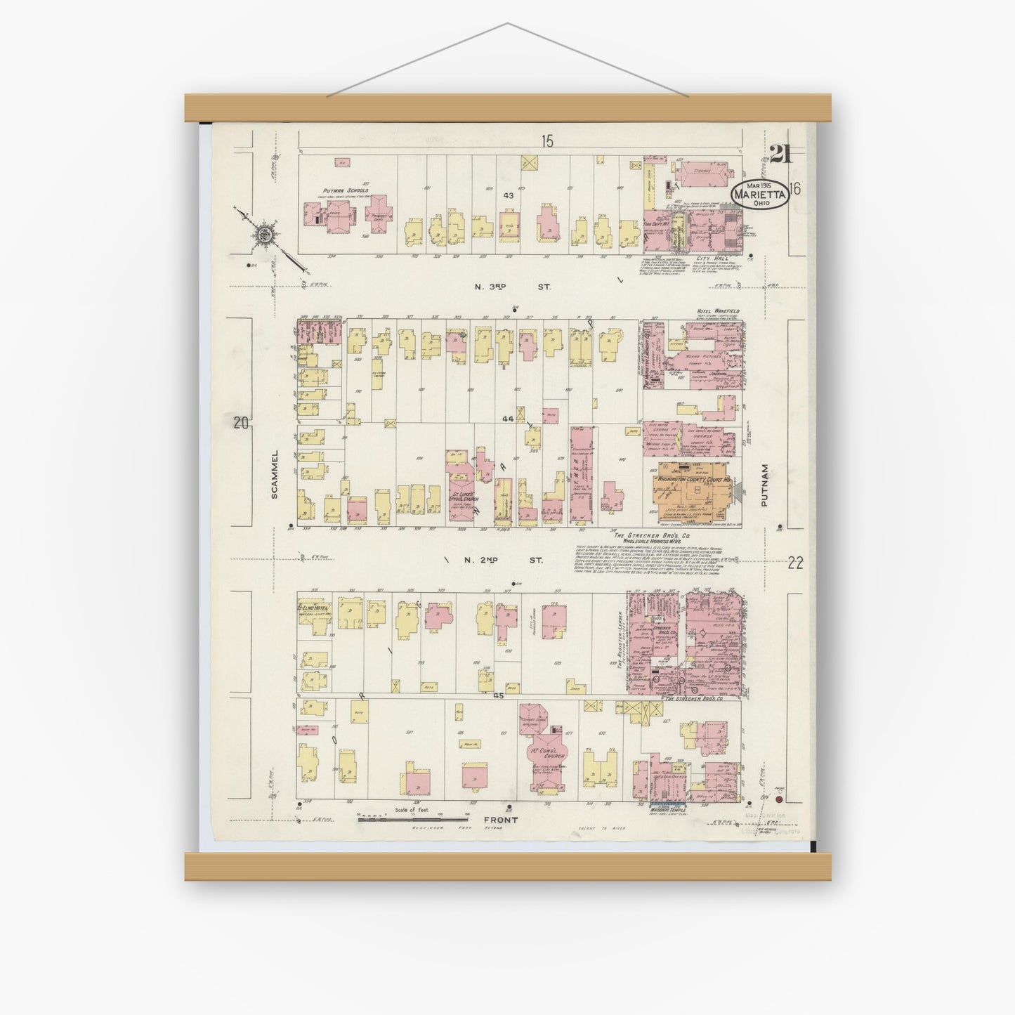Old map wall art mockup — magnetic wood frame on white wall — Sanborn Fire Insurance Map from Marietta, Washington County, Ohio (1915), Sheet #0021