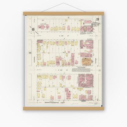 Old map wall art mockup — magnetic wood frame on white wall — Sanborn Fire Insurance Map from Marietta, Washington County, Ohio (1915), Sheet #0021