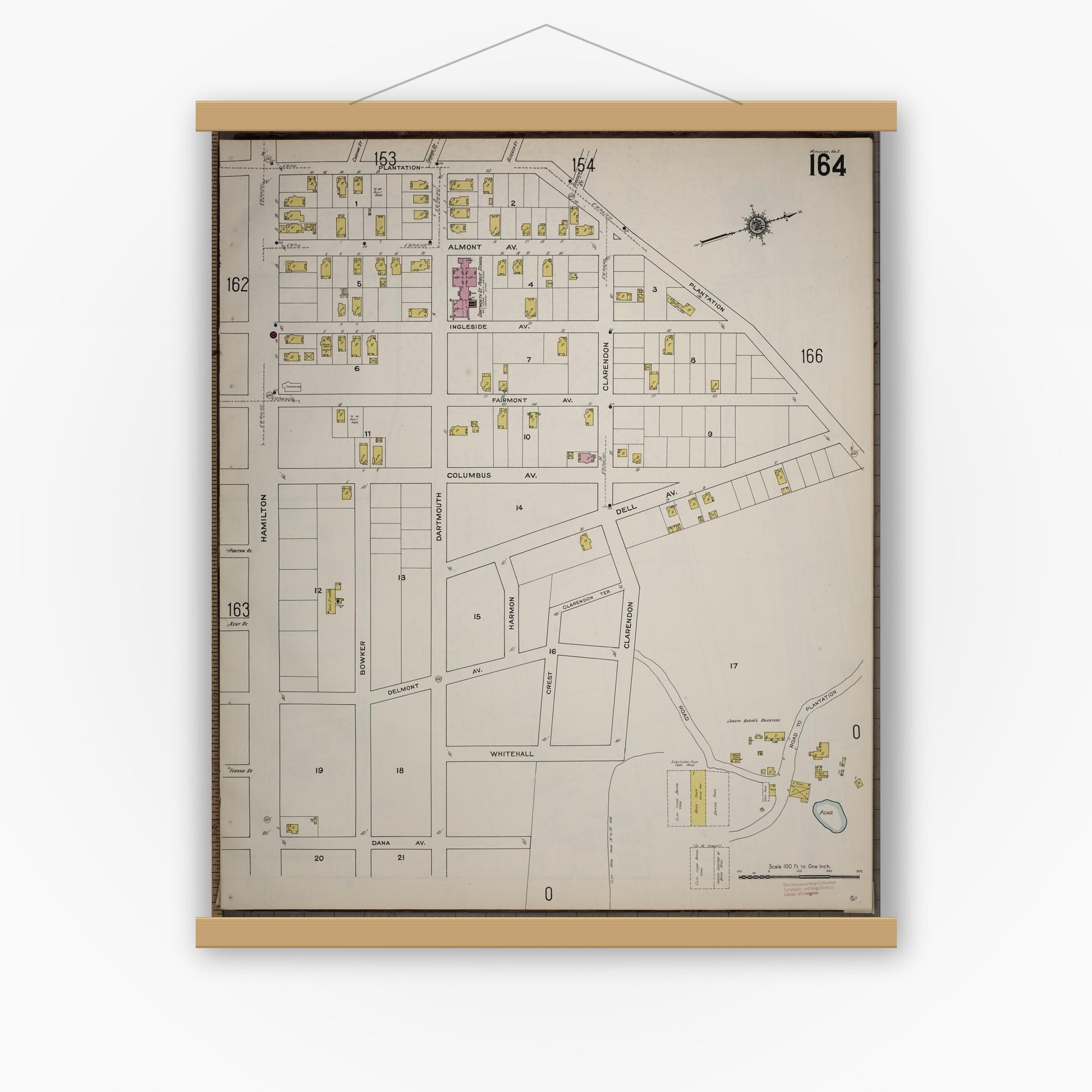 Old map wall art mockup — magnetic wood frame on white wall — Sanborn Fire Insurance Map from Worcester, Worcester County, Massachusetts (1910), Sheet #0164