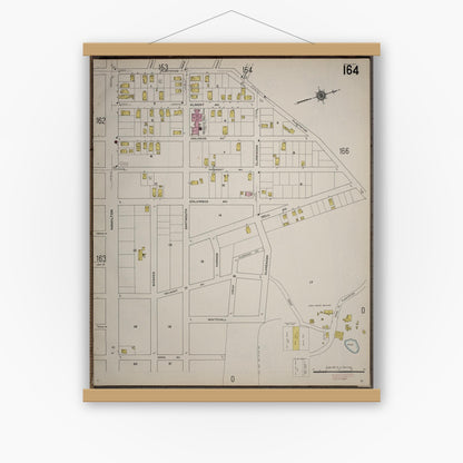 Old map wall art mockup — magnetic wood frame on white wall — Sanborn Fire Insurance Map from Worcester, Worcester County, Massachusetts (1910), Sheet #0164