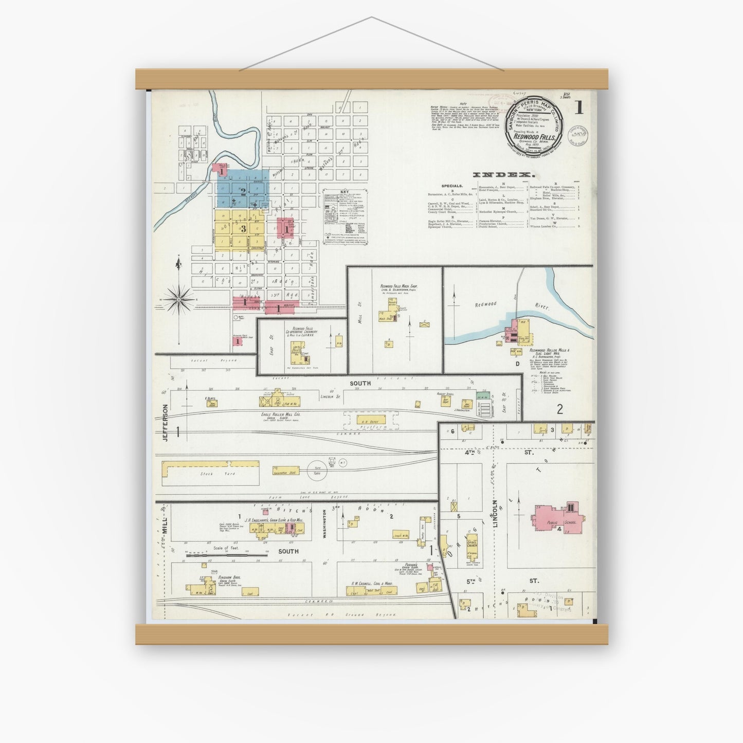 Old map wall art mockup — magnetic wood frame on white wall — Sanborn Fire Insurance Map from Redwood Falls, Redwood County, Minnesota (1899) - Complete Map Set