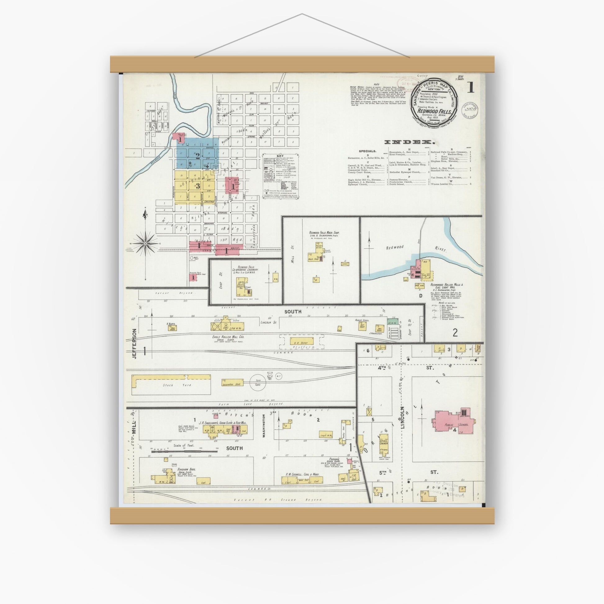 Old map wall art mockup — magnetic wood frame on white wall — Sanborn Fire Insurance Map from Redwood Falls, Redwood County, Minnesota (1899) - Complete Map Set