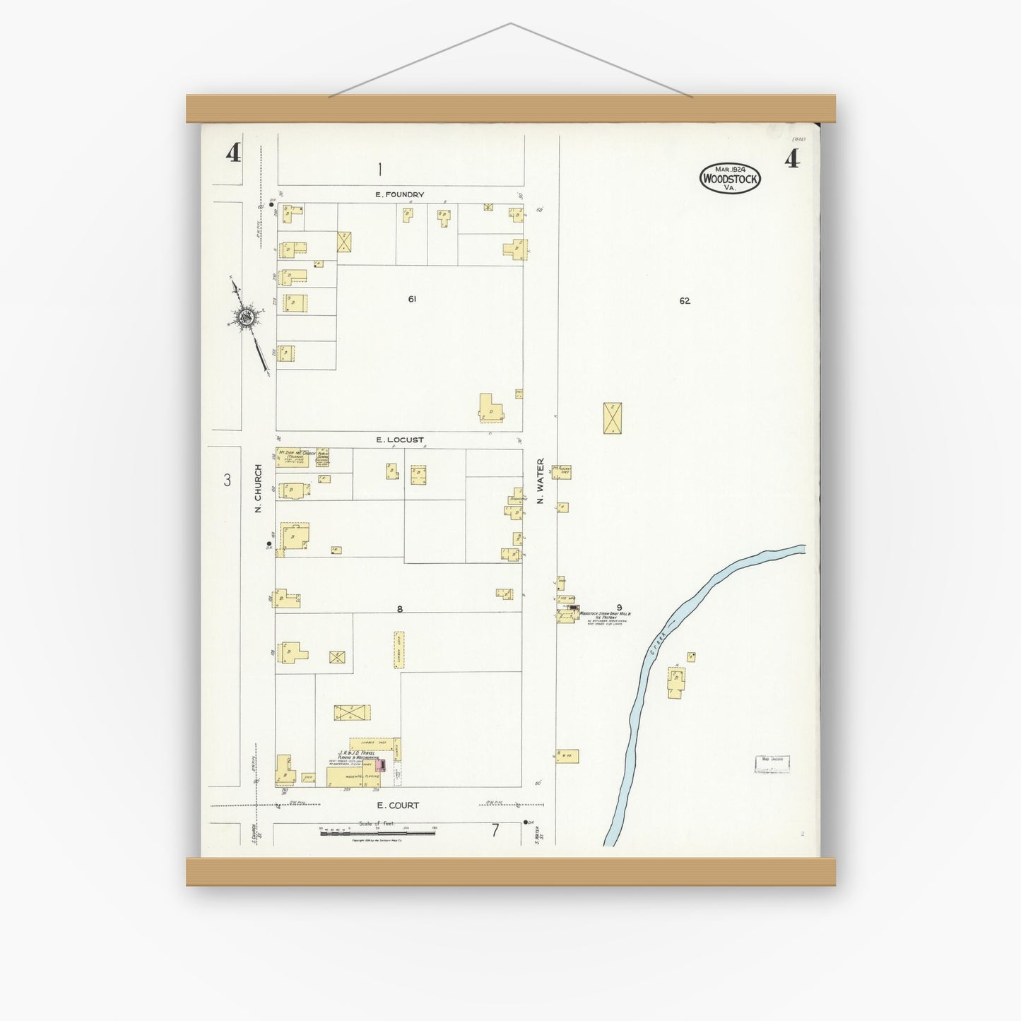 Old map wall art mockup — magnetic wood frame on white wall — Sanborn Fire Insurance Map from Woodstock, Shenandoah County, Virginia (1924), Sheet #0004