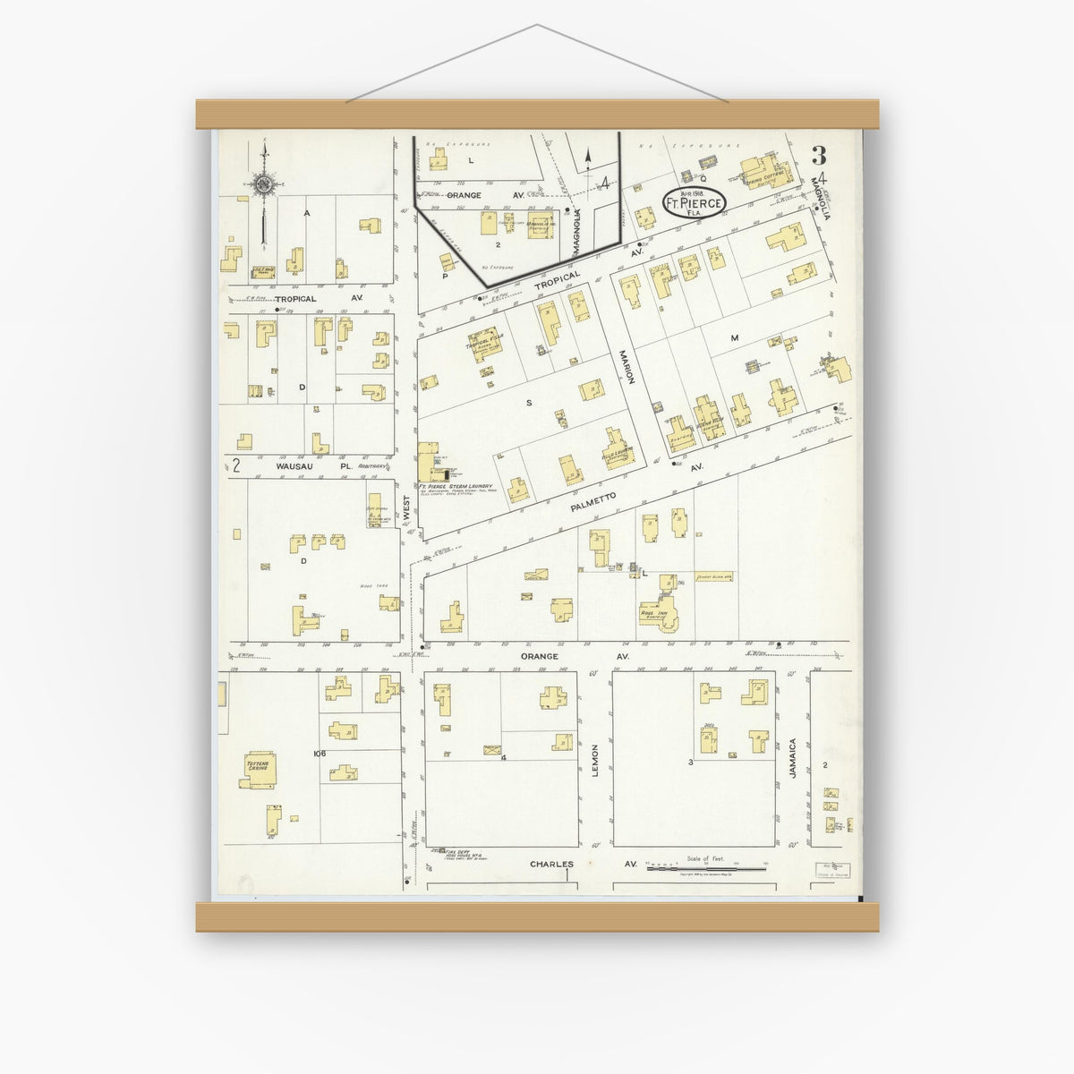 Old map wall art mockup — magnetic wood frame on white wall — Sanborn Fire Insurance Map from Fort Pierce, St Lucie County, Florida (1918), Sheet #0003