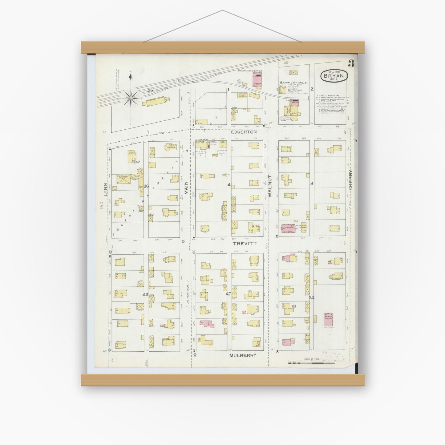 Old map wall art mockup — magnetic wood frame on white wall — Sanborn Fire Insurance Map from Bryan, Williams County, Ohio (1893), Sheet #0003