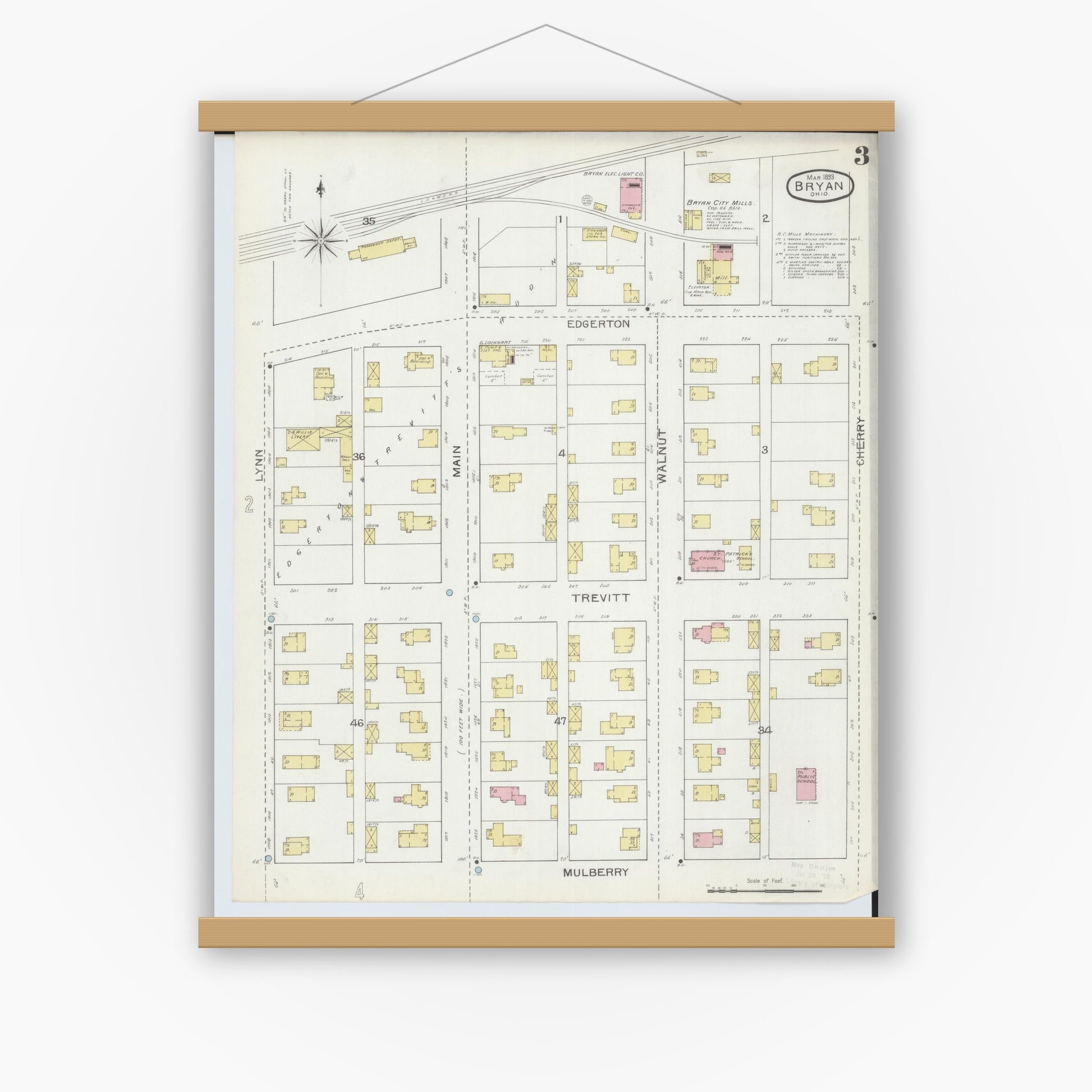 Old map wall art mockup — magnetic wood frame on white wall — Sanborn Fire Insurance Map from Bryan, Williams County, Ohio (1893), Sheet #0003