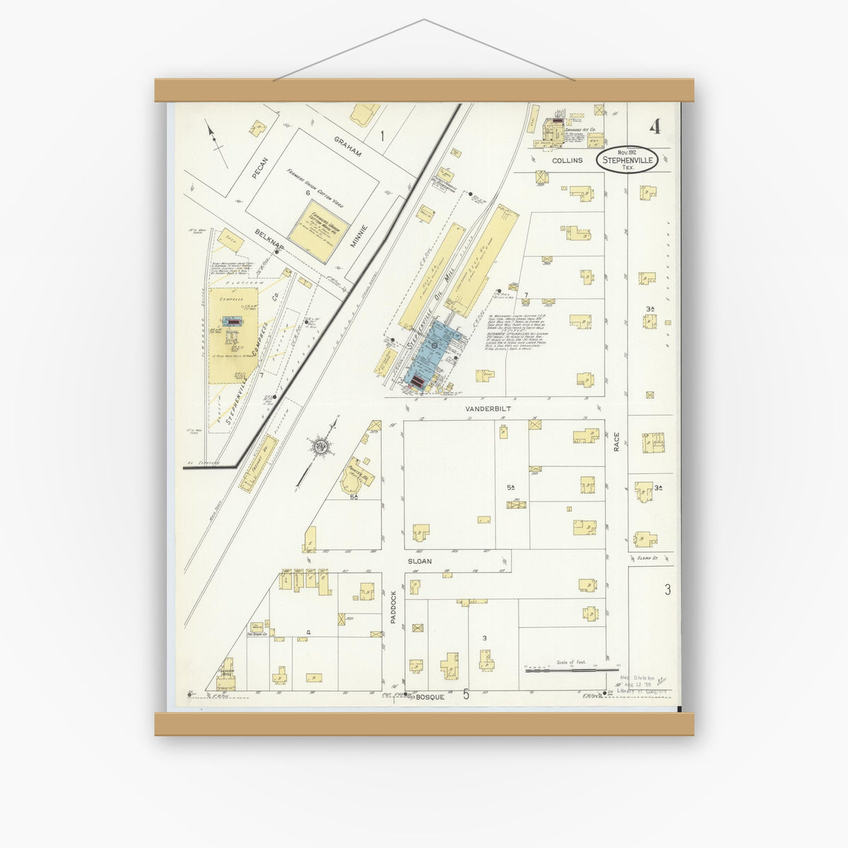 Old map wall art mockup — magnetic wood frame on white wall — Sanborn Fire Insurance Map from Stephenville, Erath County, Texas (1912), Sheet #0004
