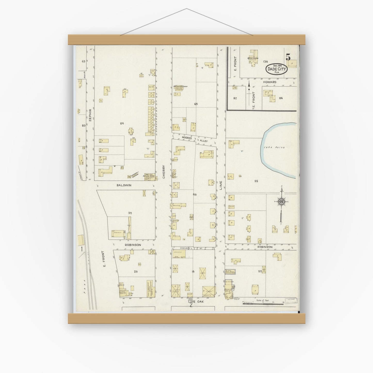 Old map wall art mockup — magnetic wood frame on white wall — Sanborn Fire Insurance Map from Dade City, Pasco County, Florida (1914), Sheet #0005