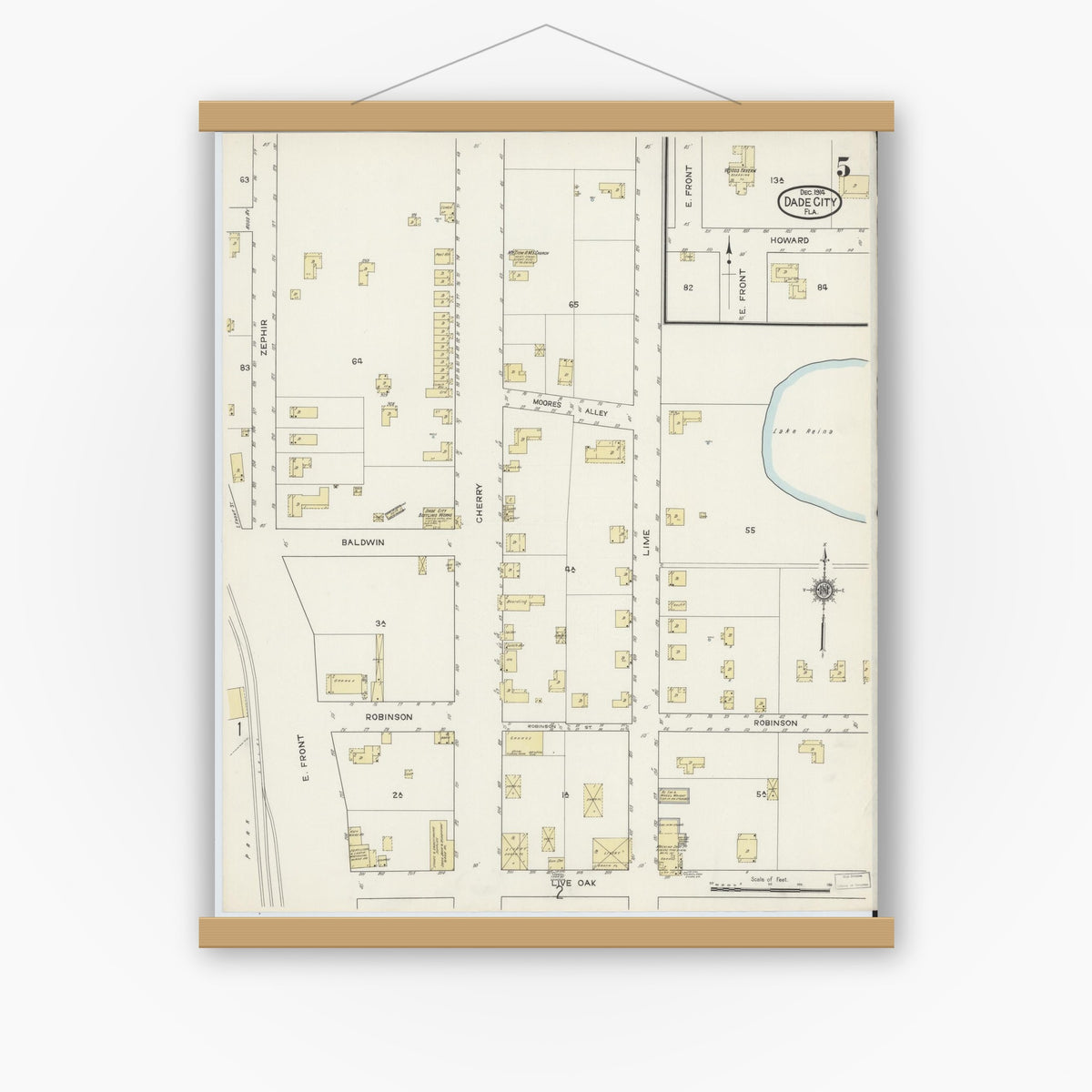 Old map wall art mockup — magnetic wood frame on white wall — Sanborn Fire Insurance Map from Dade City, Pasco County, Florida (1914), Sheet #0005