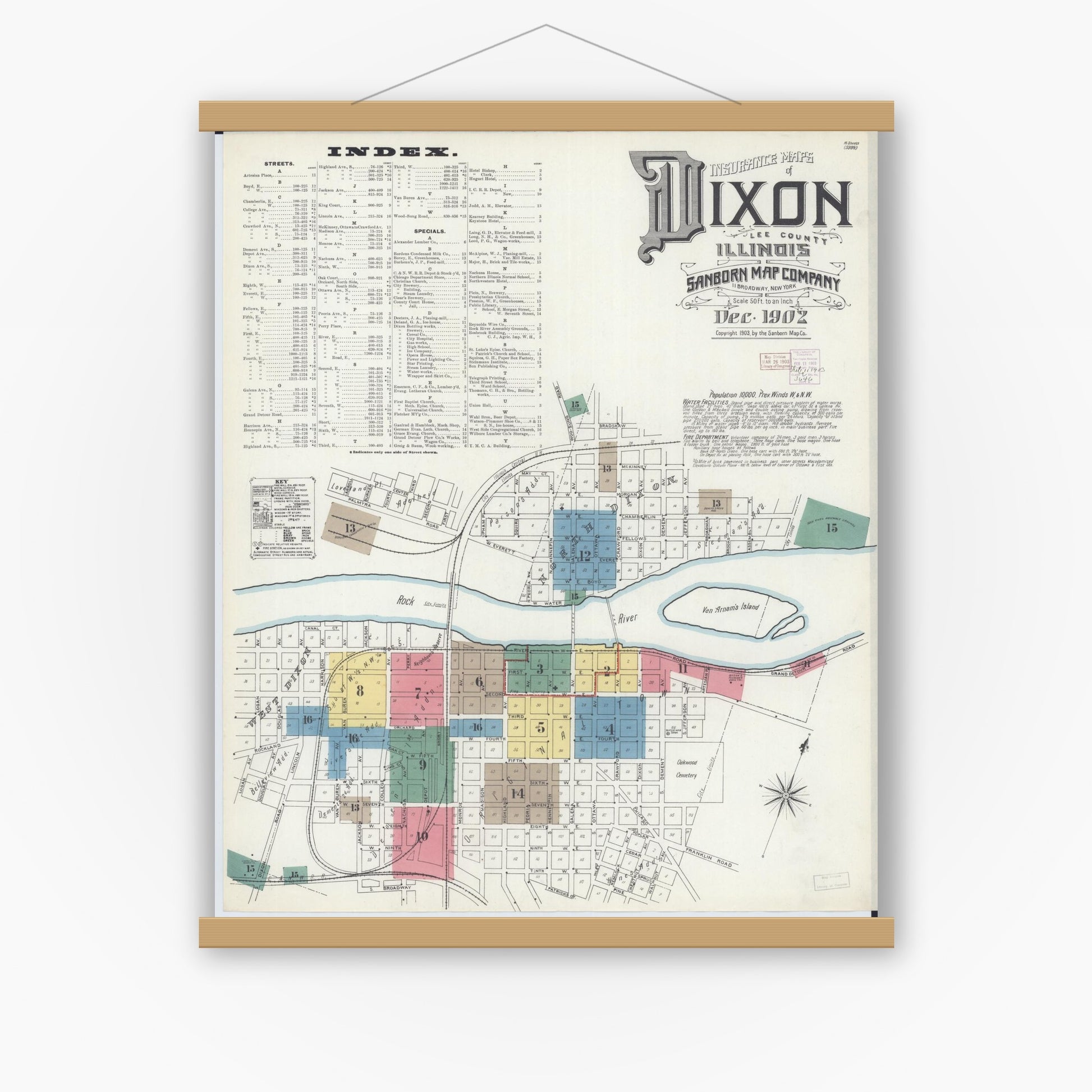 Old map wall art mockup — magnetic wood frame on white wall — Sanborn Fire Insurance Map from Dixon, Lee County, Illinois (1902) - Complete Map Set