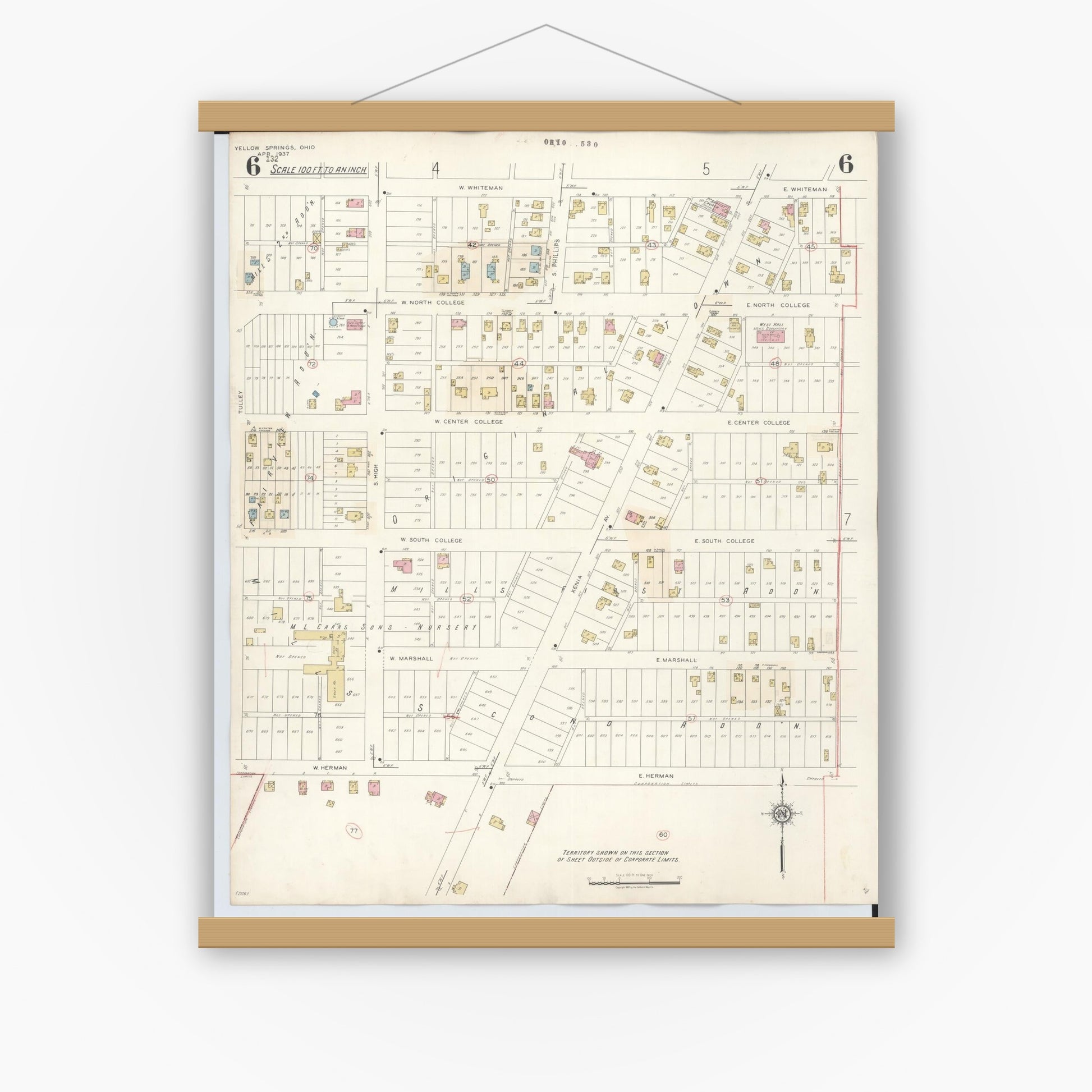 Old map wall art mockup — magnetic wood frame on white wall — Sanborn Fire Insurance Map from Yellow Springs, Greene County, Ohio (1945), Sheet #0006