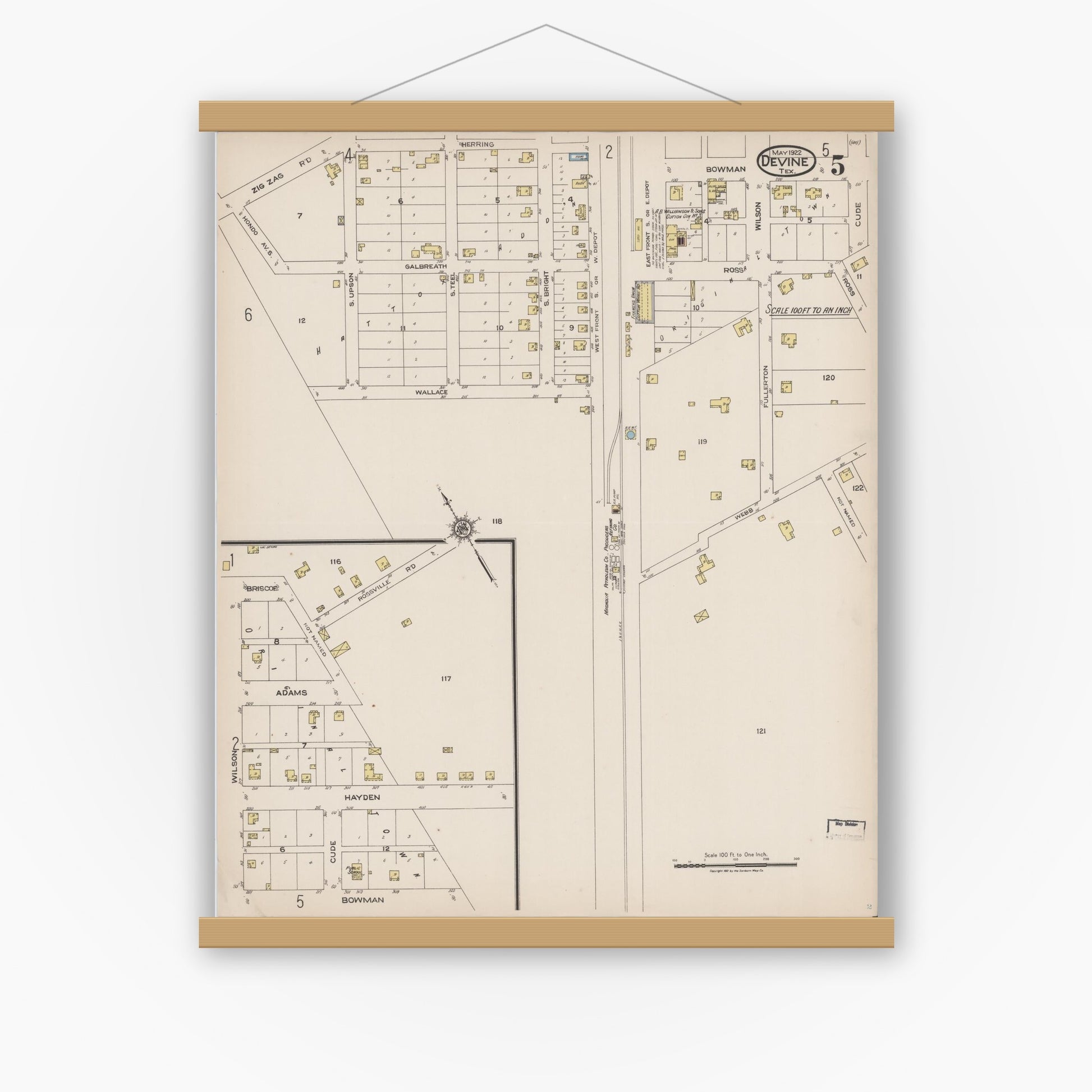 Old map wall art mockup — magnetic wood frame on white wall — Sanborn Fire Insurance Map from Devine, Medina County, Texas (1922), Sheet #0005