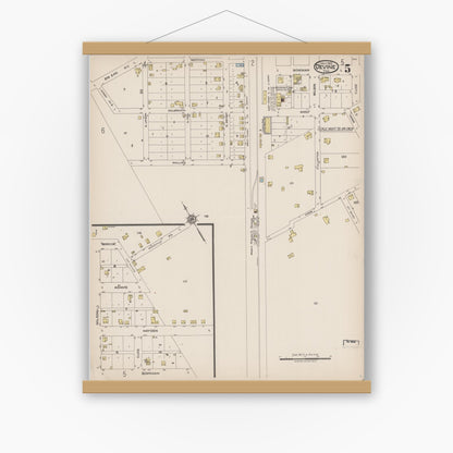 Old map wall art mockup — magnetic wood frame on white wall — Sanborn Fire Insurance Map from Devine, Medina County, Texas (1922), Sheet #0005