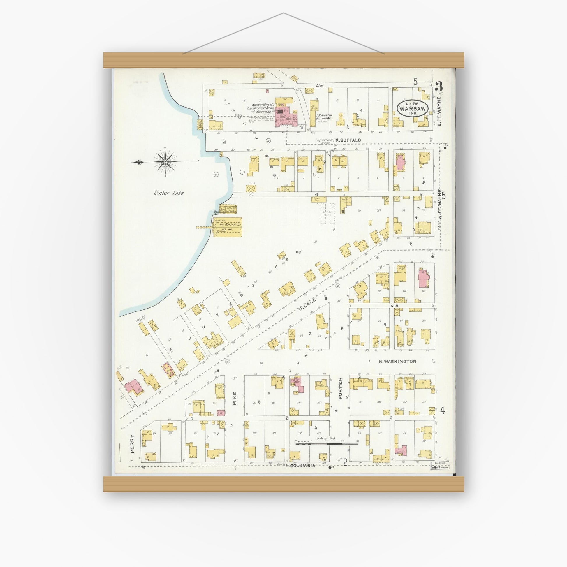 Old map wall art mockup — magnetic wood frame on white wall — Sanborn Fire Insurance Map from Warsaw, Kosciusko County, Indiana (1905), Sheet #0003