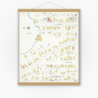 Old map wall art mockup — magnetic wood frame on white wall — Sanborn Fire Insurance Map from Warsaw, Kosciusko County, Indiana (1905), Sheet #0003
