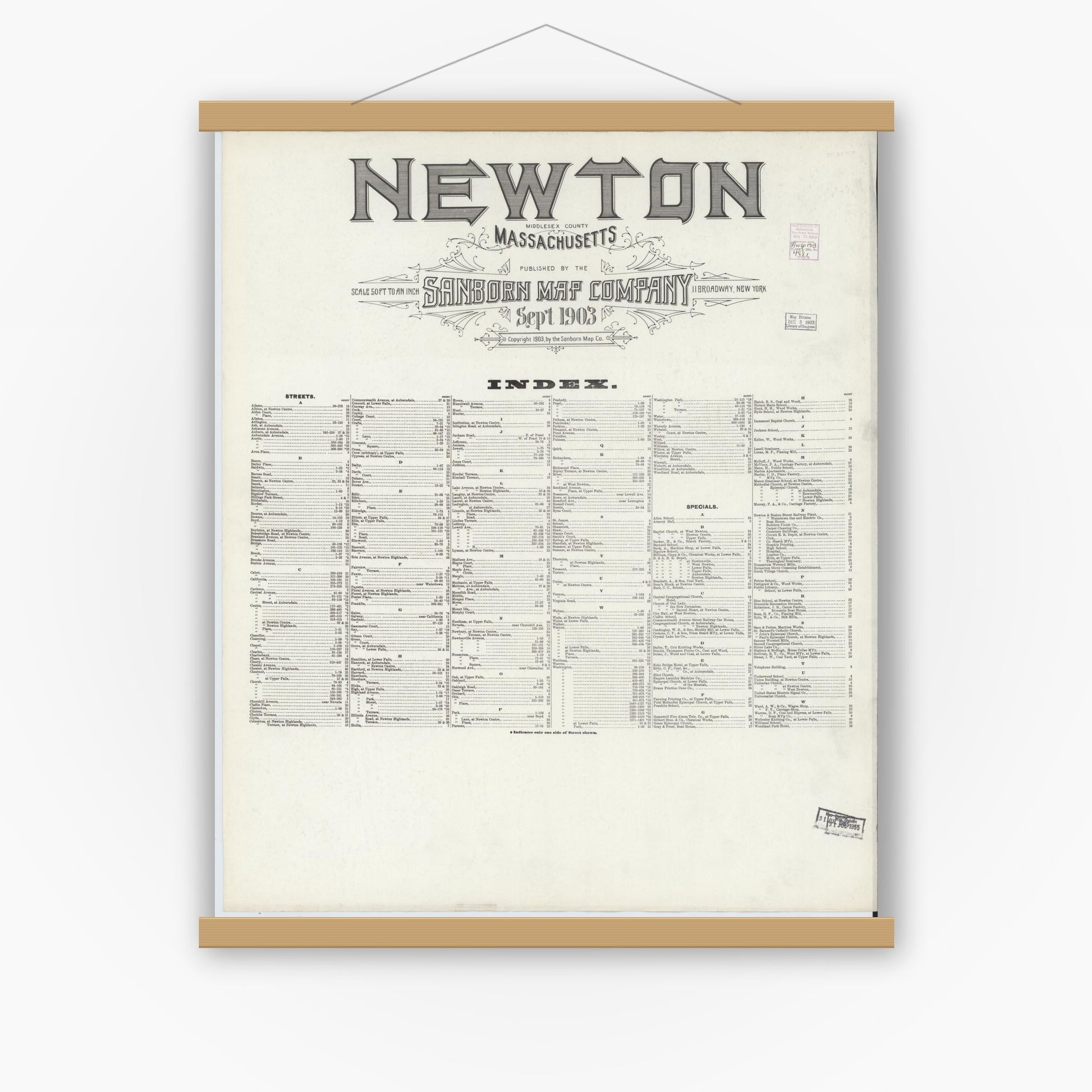 Old map wall art mockup — magnetic wood frame on white wall — Sanborn Fire Insurance Map from Newton, Middlesex County, Massachusetts (1903), Sheet #0001