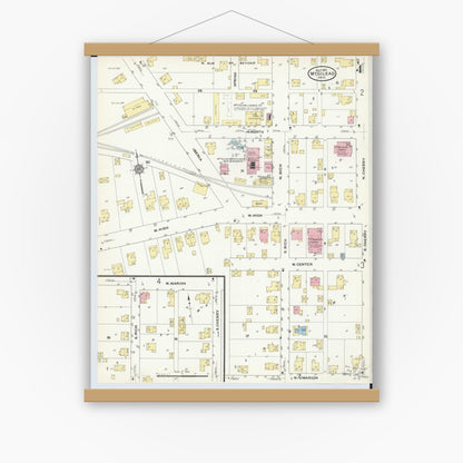 Old map wall art mockup — magnetic wood frame on white wall — Sanborn Fire Insurance Map from Mount Gilead, Morrow County, Ohio (1910), Sheet #0004