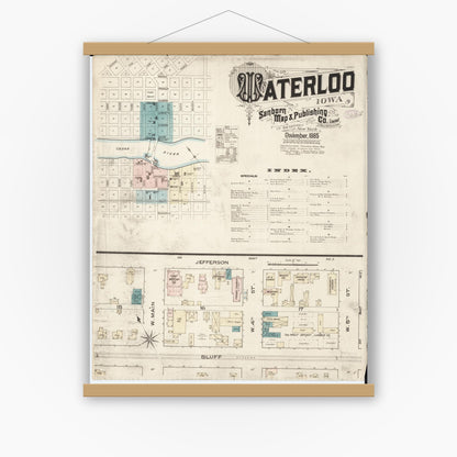 Old map wall art mockup — magnetic wood frame on white wall — Sanborn Fire Insurance Map from Waterloo, Black Hawk County, Iowa (1885) â€” Complete Set
