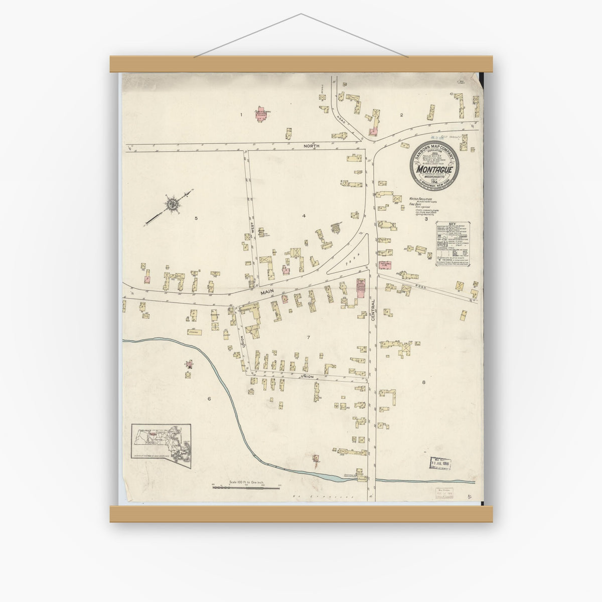 Old map wall art mockup — magnetic wood frame on white wall — Sanborn Fire Insurance Map from Montague, Franklin County, Massachusetts (1914), Sheet #0001